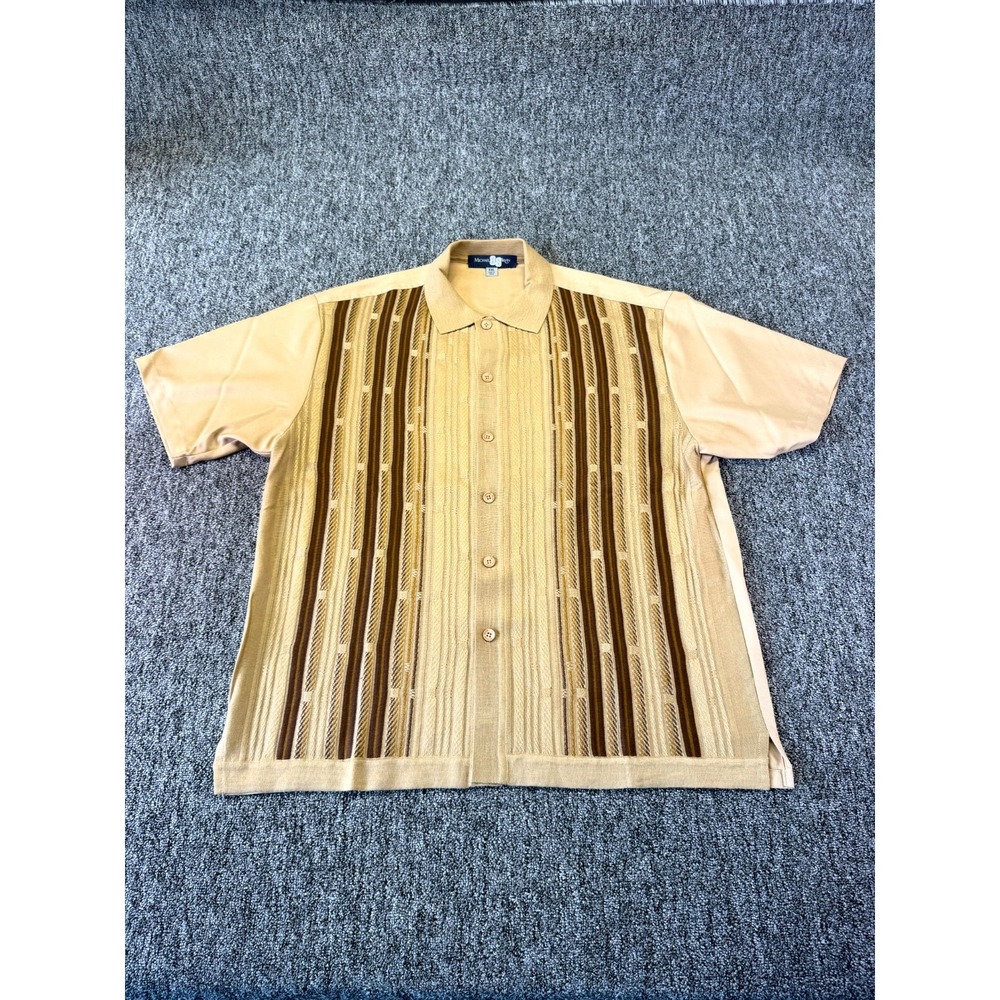 Michael 88 Irvin Knit Shirt Mens 2XL Tan Brown Striped Short Sleeve Button Up